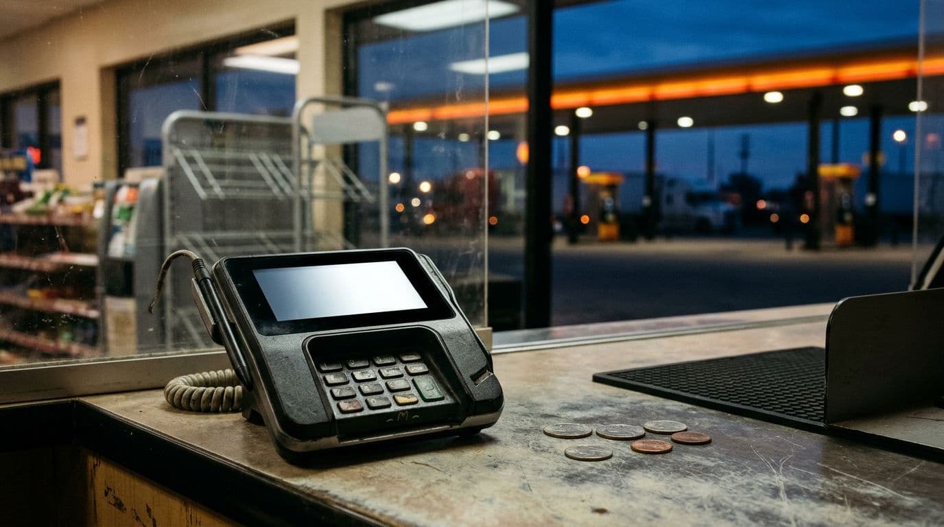 A debit card reader with a blank screen and a few coins sit on a convenience store counter at dusk.