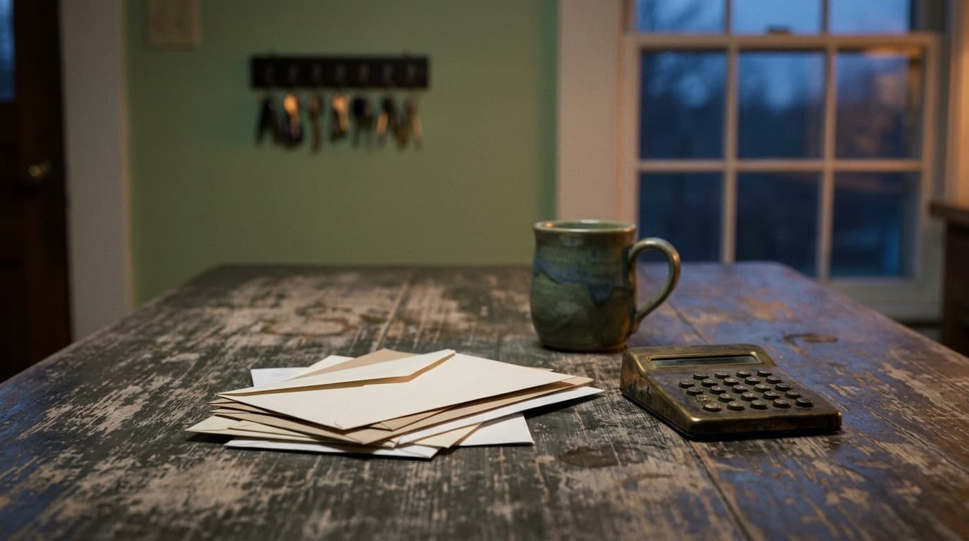 A worn wooden kitchen table at dusk with a stack of unopened envelopes, a brass desk calculator and a ceramic mug, no people.