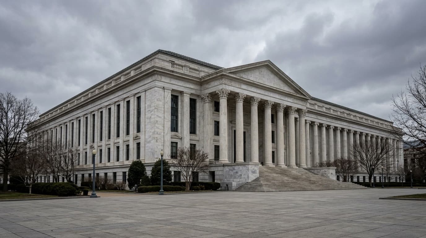 Exterior of a federal government building with white marble columns under an overcast sky, no people, no text.