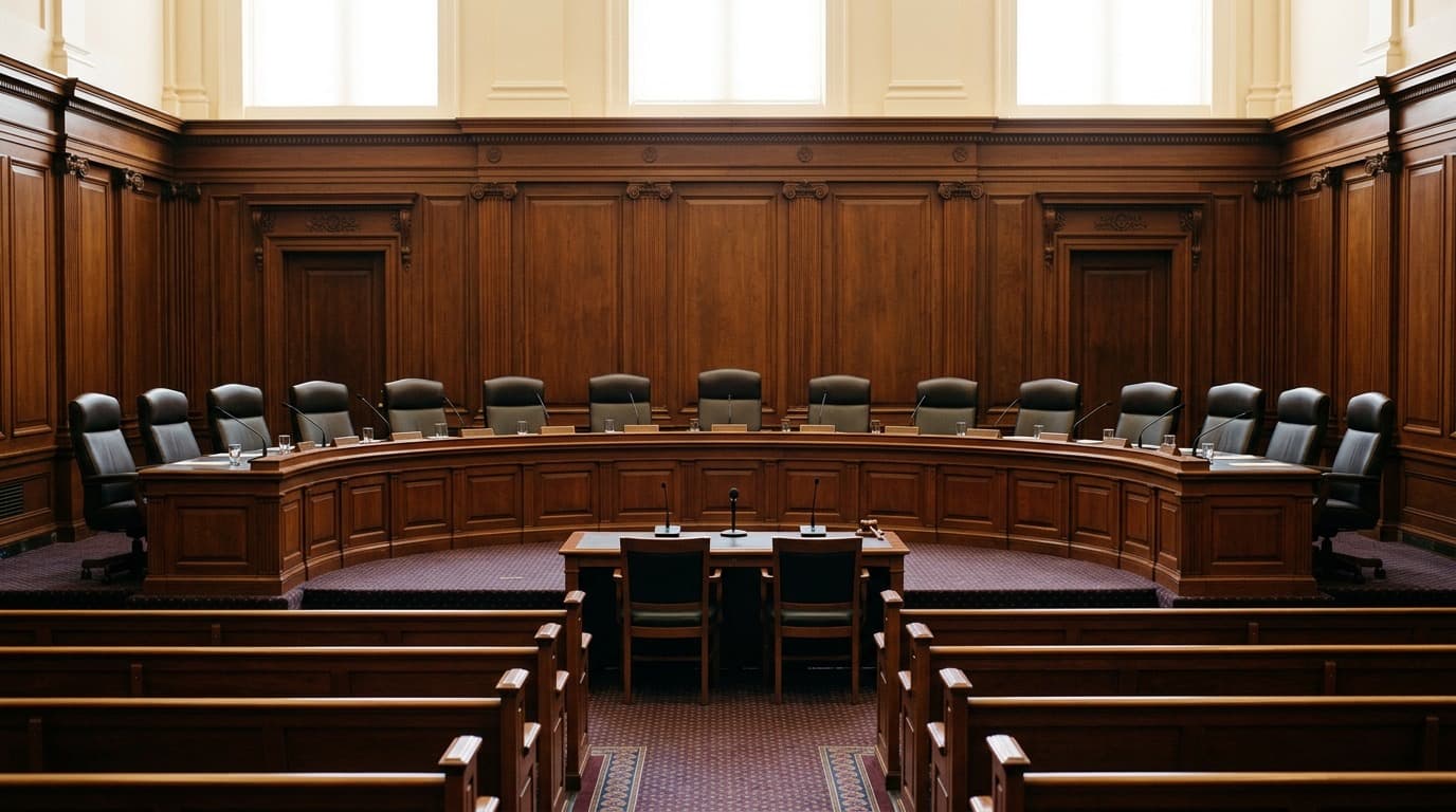 An empty state legislative committee hearing room with wood paneling, a raised dais, and rows of microphones, no people present.
