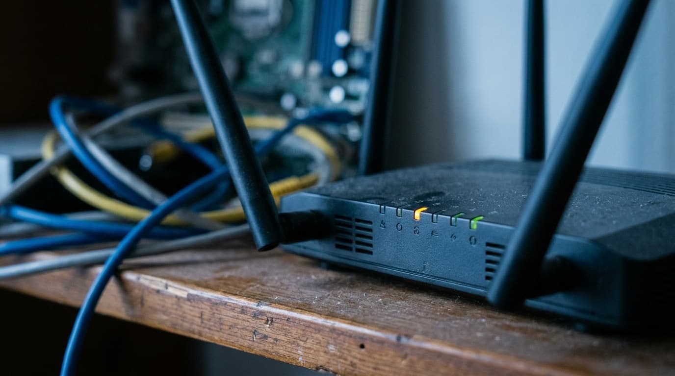 Close-up of a home Wi-Fi router's antennas and circuit board under cool blue light, no people, no text.