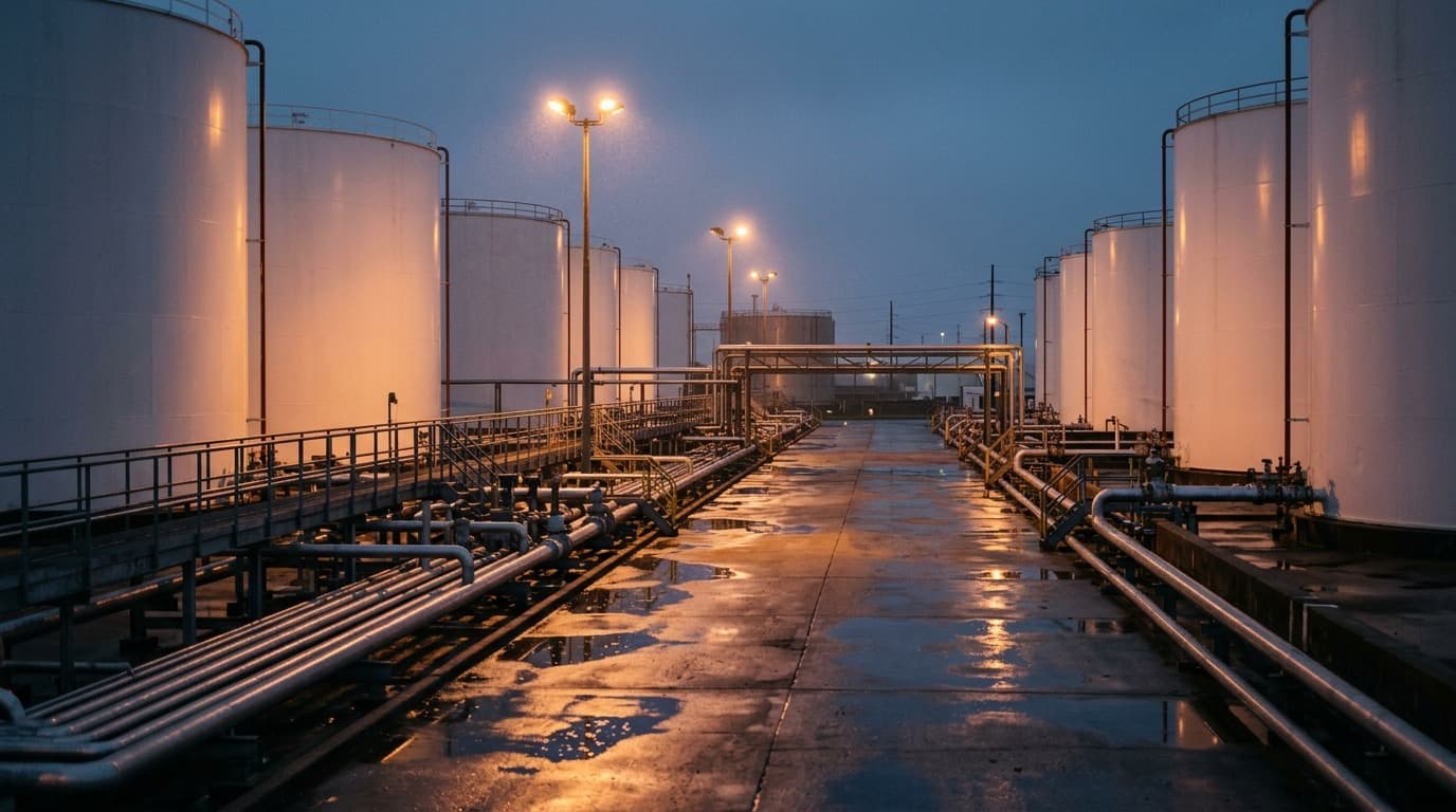 Rows of fuel storage tanks and pipelines at an industrial terminal at dusk, no people.