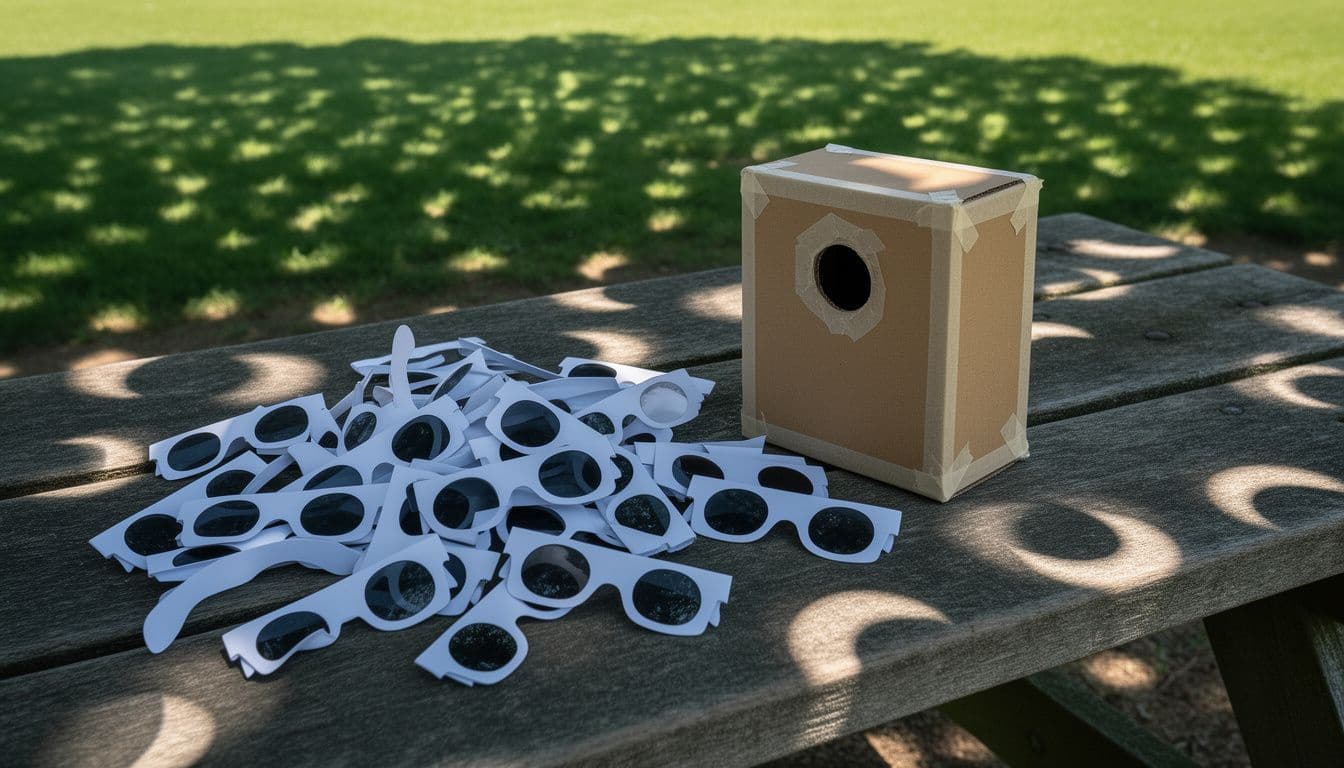 Paper eclipse glasses and a pinhole viewer on a picnic table with crescent shapes of light on the ground