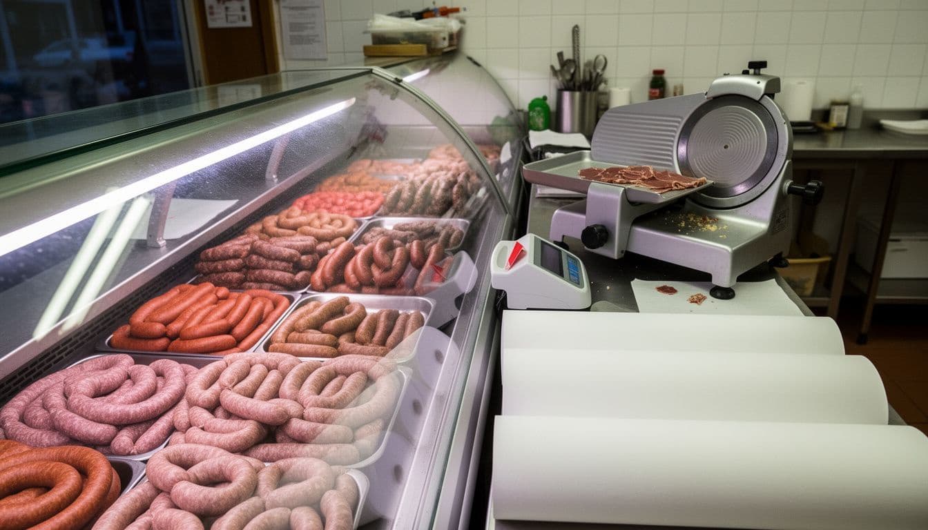 A deli counter with sliced meats and sausages beside a meat slicer