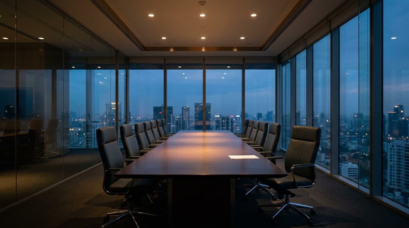 An empty glass-walled boardroom at dusk, a long wooden table lined with dark leather chairs and a single sheet of paper, city lights beyond the windows.