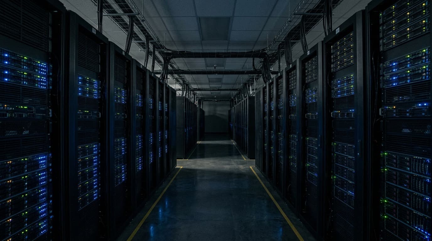 A dim server room corridor with rows of black rack-mounted hardware lit by cool blue LED indicator lights, no people, no text.