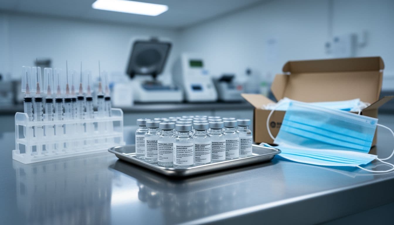 Rows of small glass vials and syringes on a laboratory tray beside a box of face masks