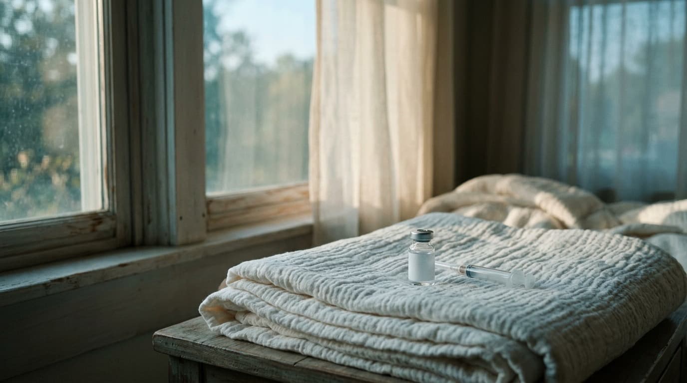 An unlabeled glass vaccine vial and a sterile syringe resting on a folded white blanket in soft window light, no people.
