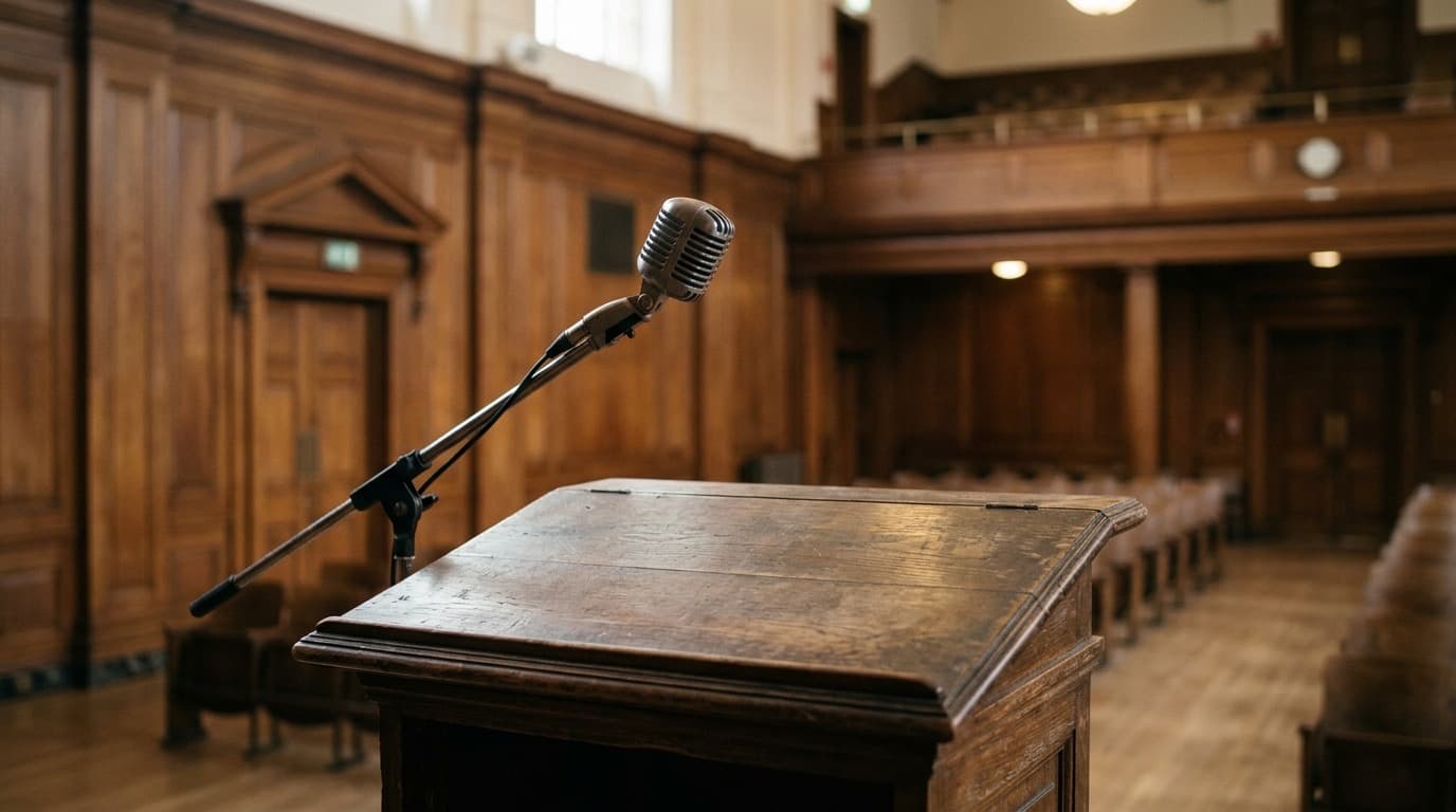 A lone microphone on a stand in an empty wood-paneled debate hall, lit from above, no people.