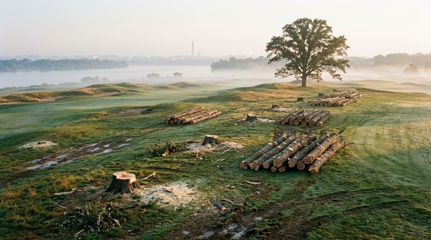 A foggy dawn view of a links-style golf course with fresh tree stumps, sawdust, stacked logs and one tall oak left standing, no people.