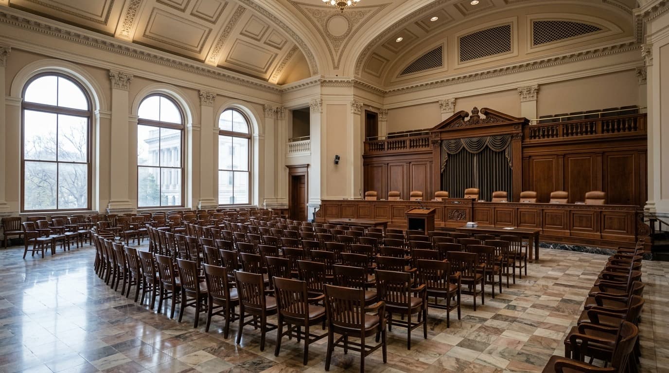 An empty legislative hearing room with rows of wooden chairs facing a raised dais, soft daylight through tall windows, no people, no text.