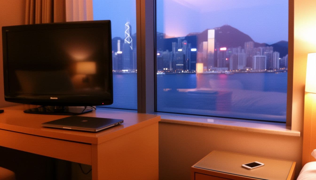 Hotel room desk with a television and phone looking out over the Hong Kong harbor at dusk