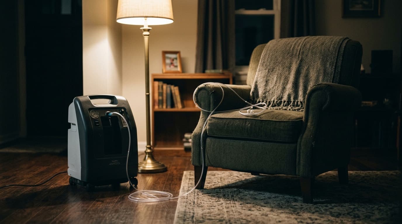 An oxygen concentrator and clear tubing beside an armchair in a dim home living room, no people, no text.