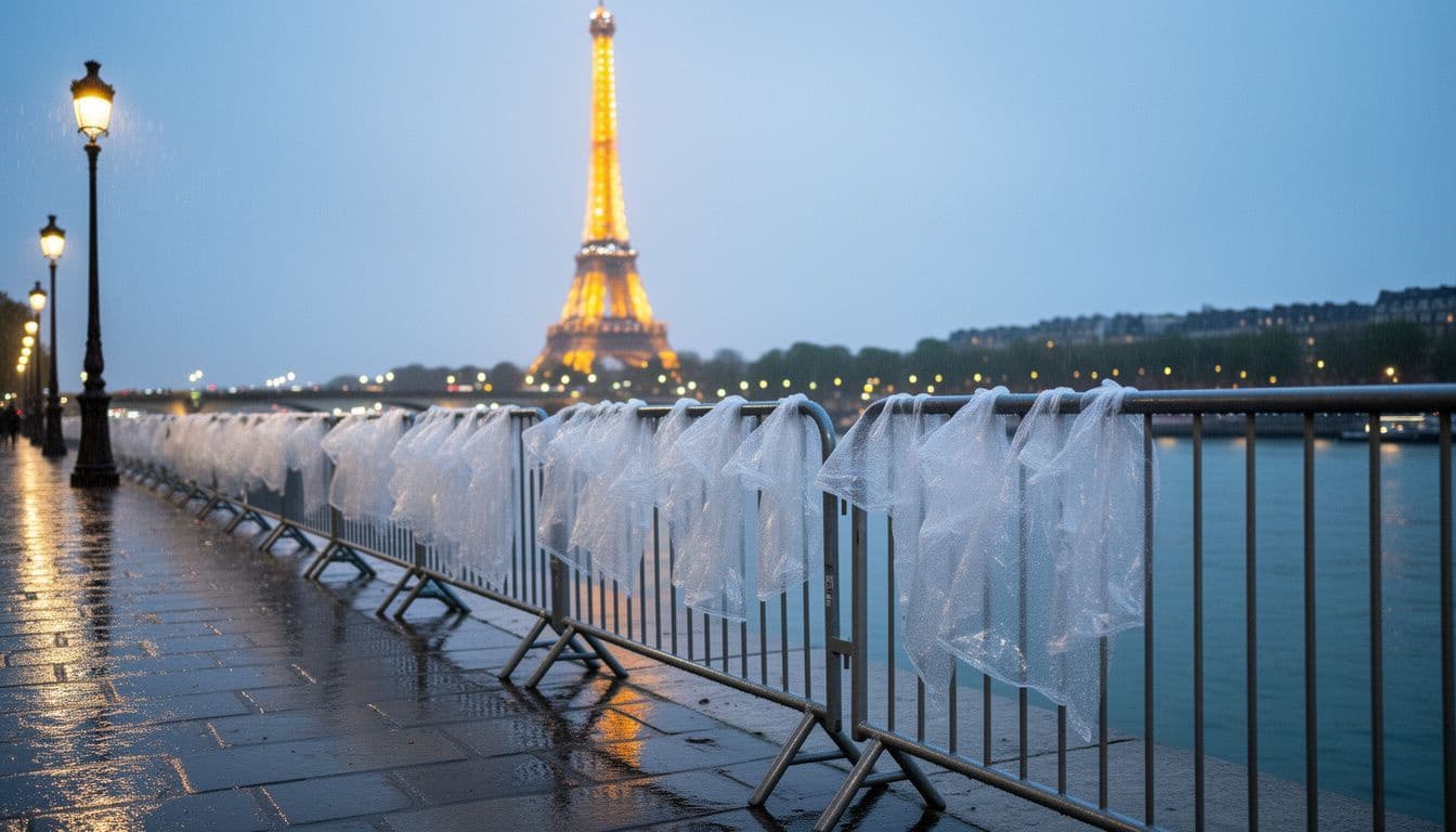 Rain ponchos hung along a wet riverside railing with the Eiffel Tower lit at dusk
