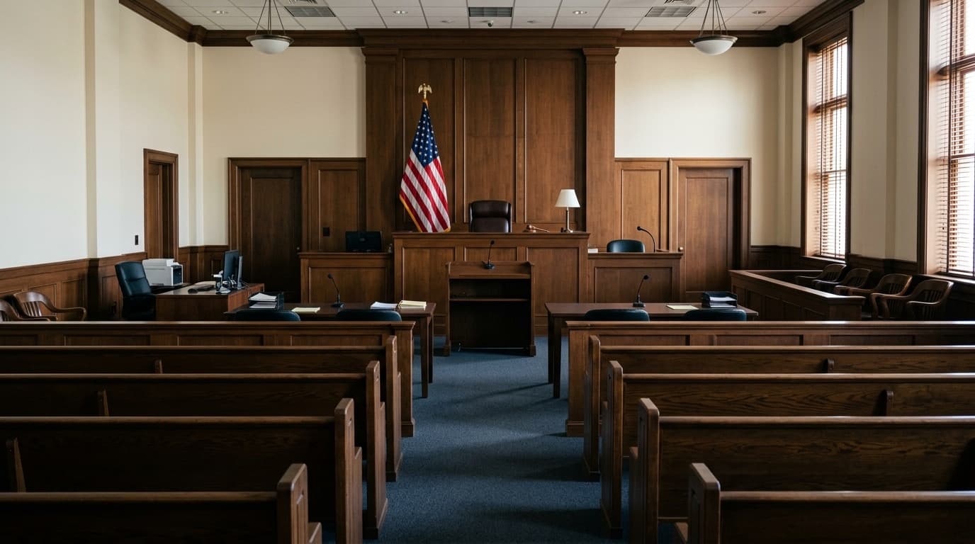 An empty immigration courtroom with a raised bench and an American flag, no people, no text.