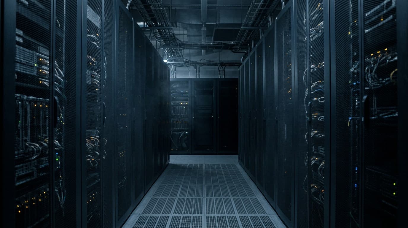 A dark data center aisle of server racks with a few dim amber indicator lights and no people.