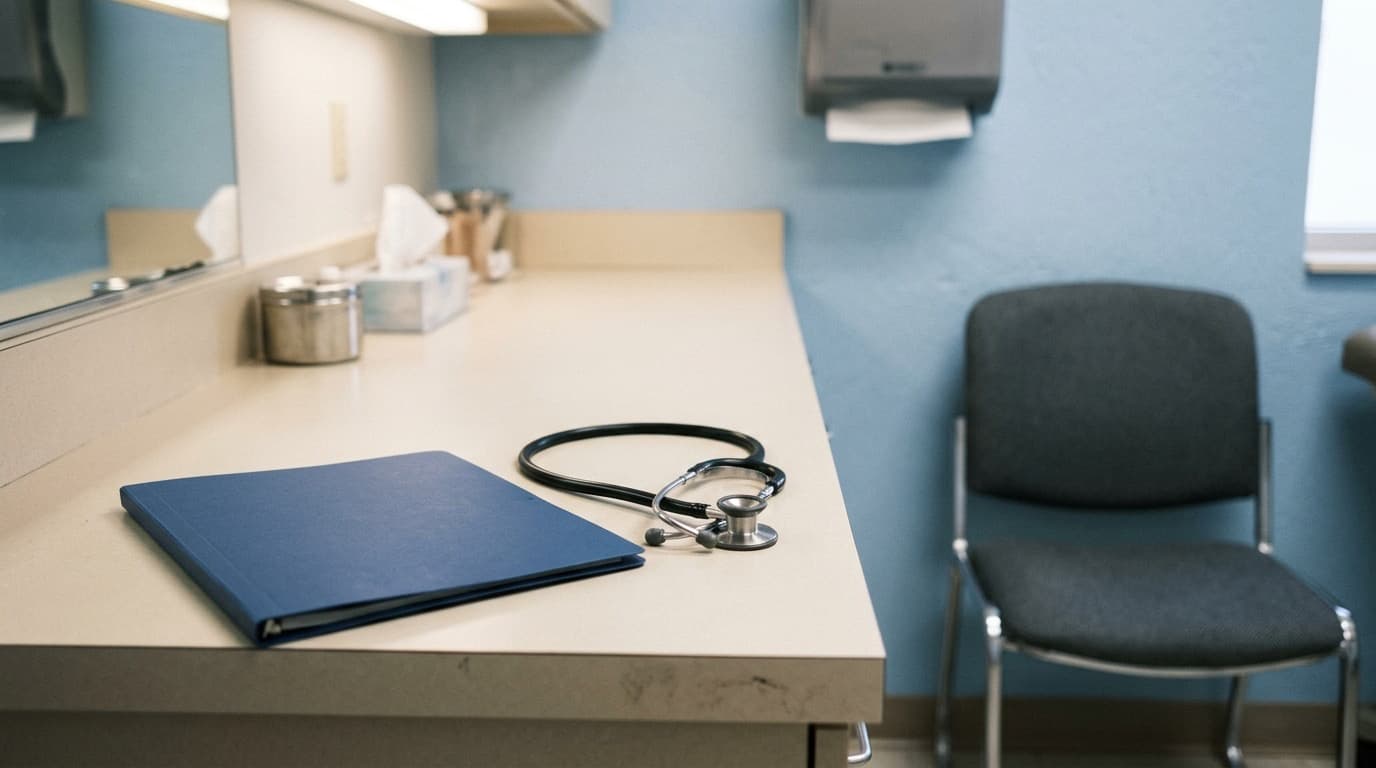 A closed patient folder and a stethoscope on an exam room counter beside an empty chair, no people, no text.
