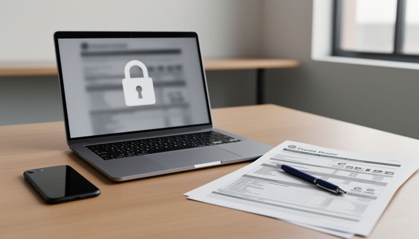 Laptop with a padlock icon beside a credit report and a phone