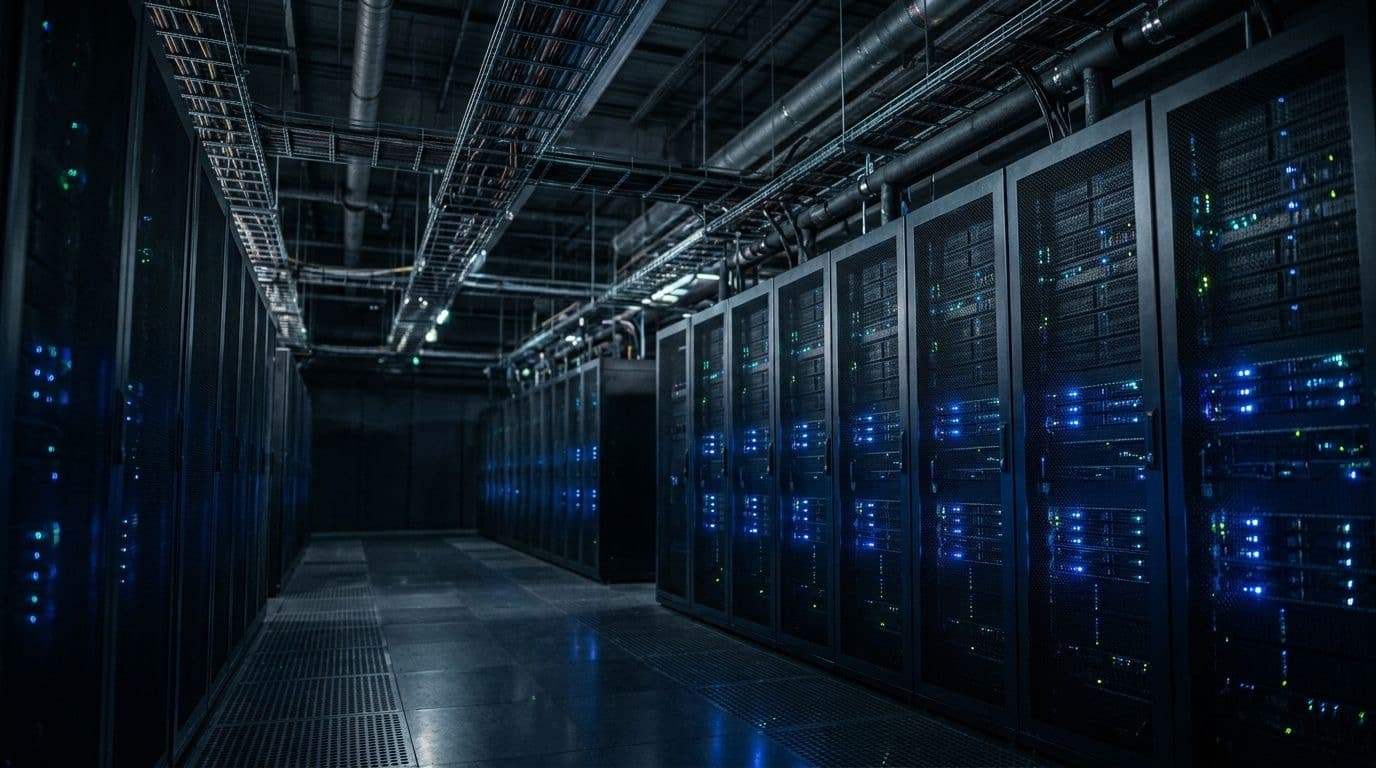 Rows of server racks with glowing blue lights line a dark data center hall under thick cables and cooling pipes.