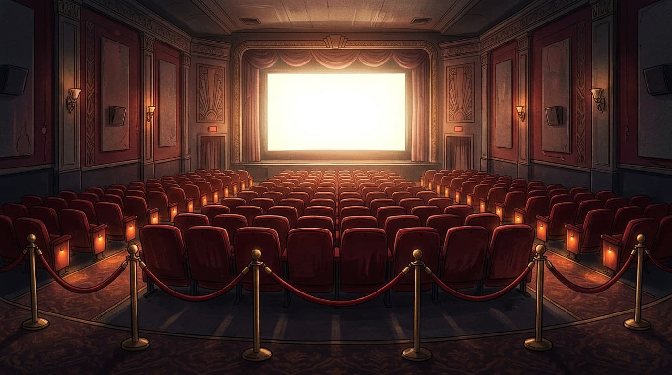 An empty movie theater auditorium with red velvet seats facing a glowing blank screen, a velvet rope line curving through the foreground.