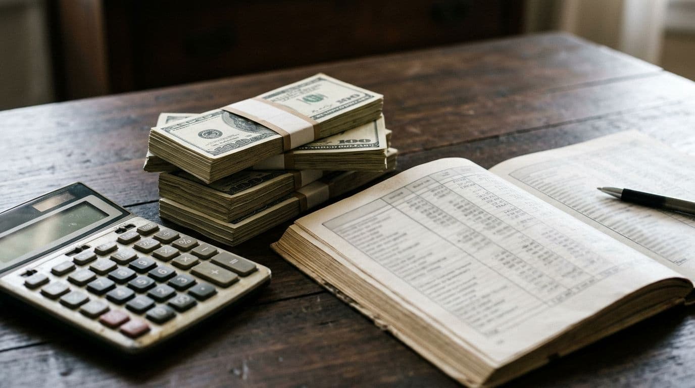 Stacks of US currency and a calculator on a dark wooden desk beside a printed federal budget ledger