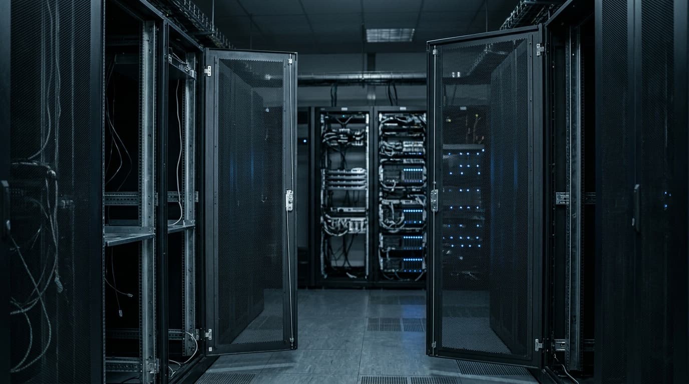 A dim data center aisle with rows of server racks and cool blue indicator lights, no people.