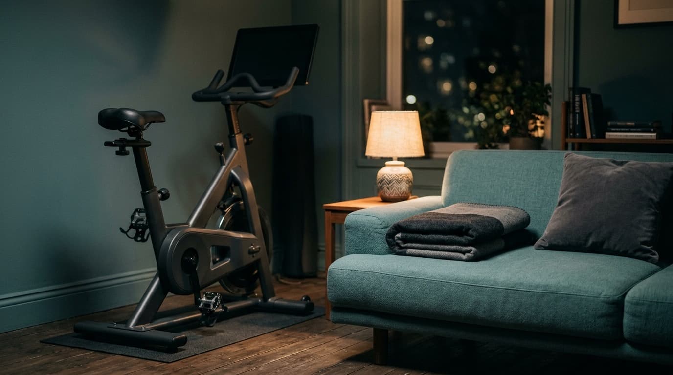 A stationary exercise bike and a folded blanket on a low couch in a dim room, side by side, suggesting a choice between movement and rest, no people, no text.