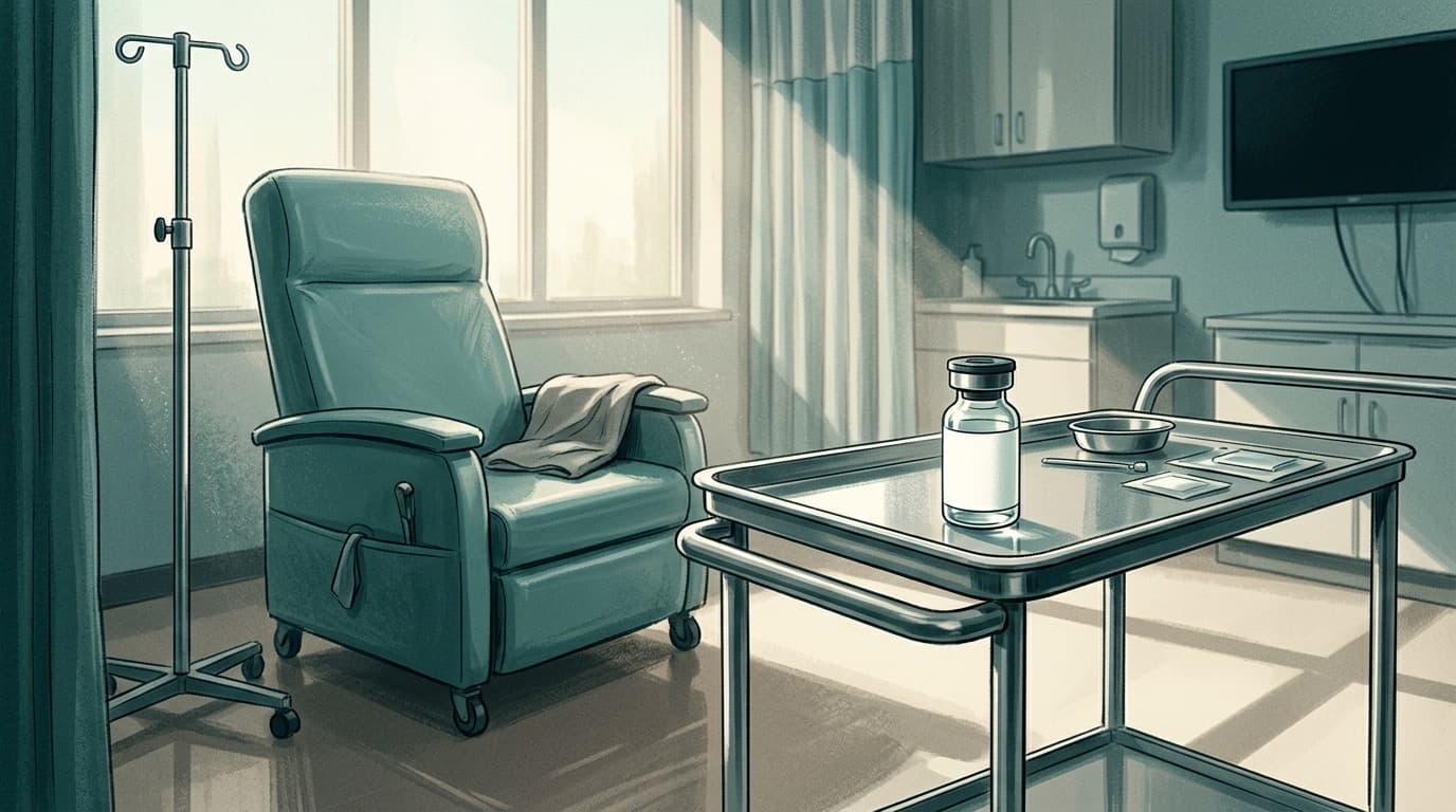 A single glass vial and an empty infusion chair in a quiet clinic room, soft daylight, no people.
