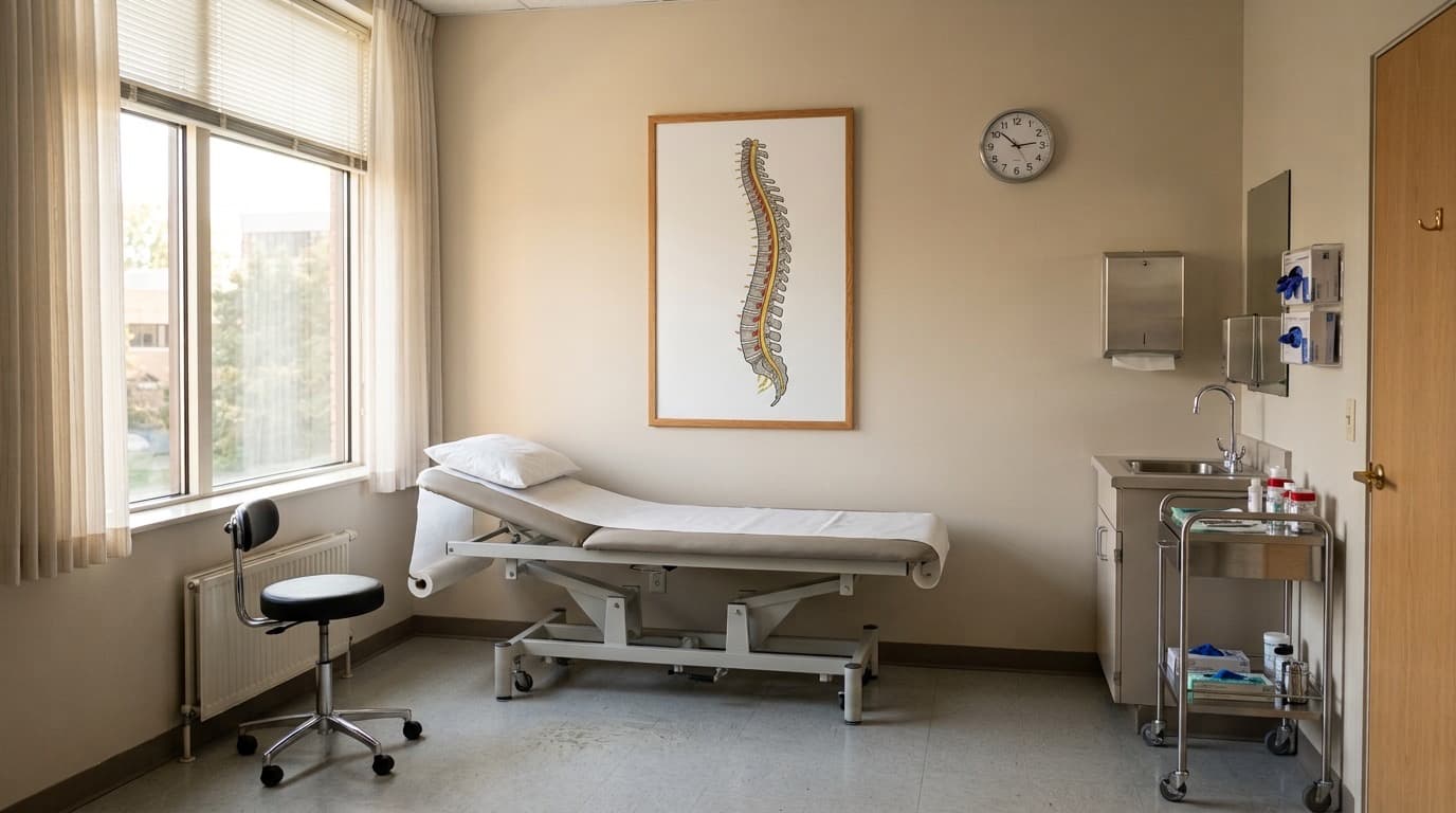 An empty clinical exam room with a spine anatomy chart on the wall and soft morning light through a window, no people visible, no text anywhere.
