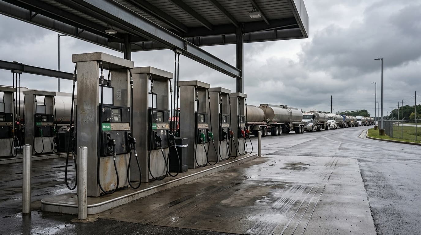 A row of diesel fuel pumps at a highway truck stop under an overcast sky, tanker trucks queued in the background, no people or text visible.