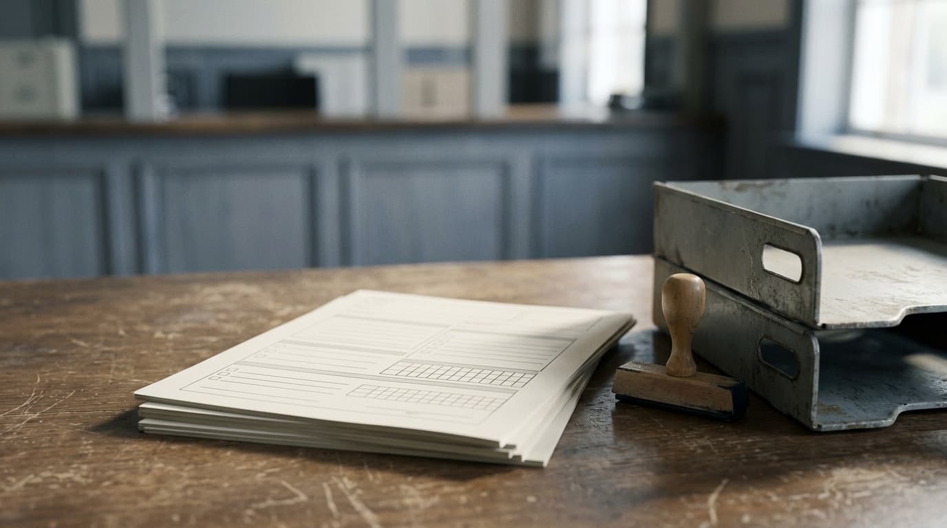 A stack of paper voter registration forms and a rubber stamp on a county clerk's counter, no people.
