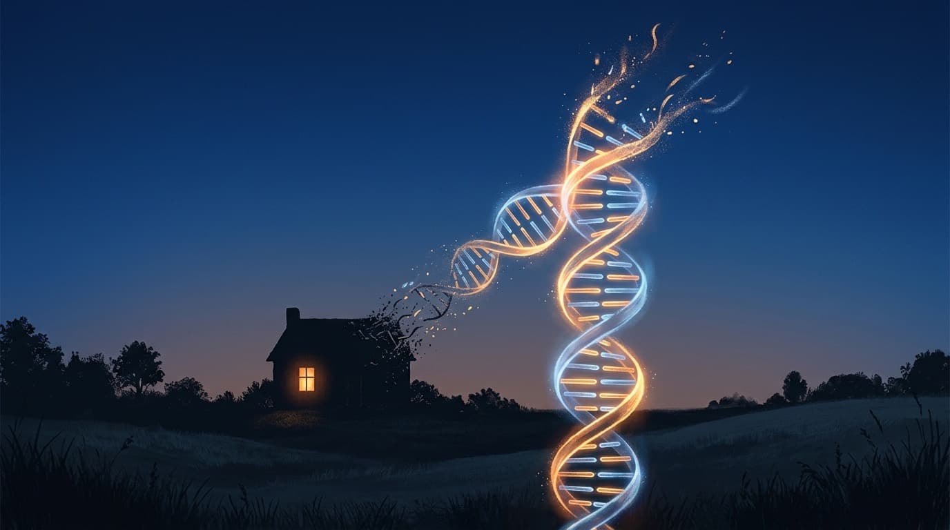 An illustration of a glowing DNA double helix in warm amber and blue light, dissolving at one end into the silhouette of a small house with a single lit window, set against a deep dusk blue sky, no people, no text.