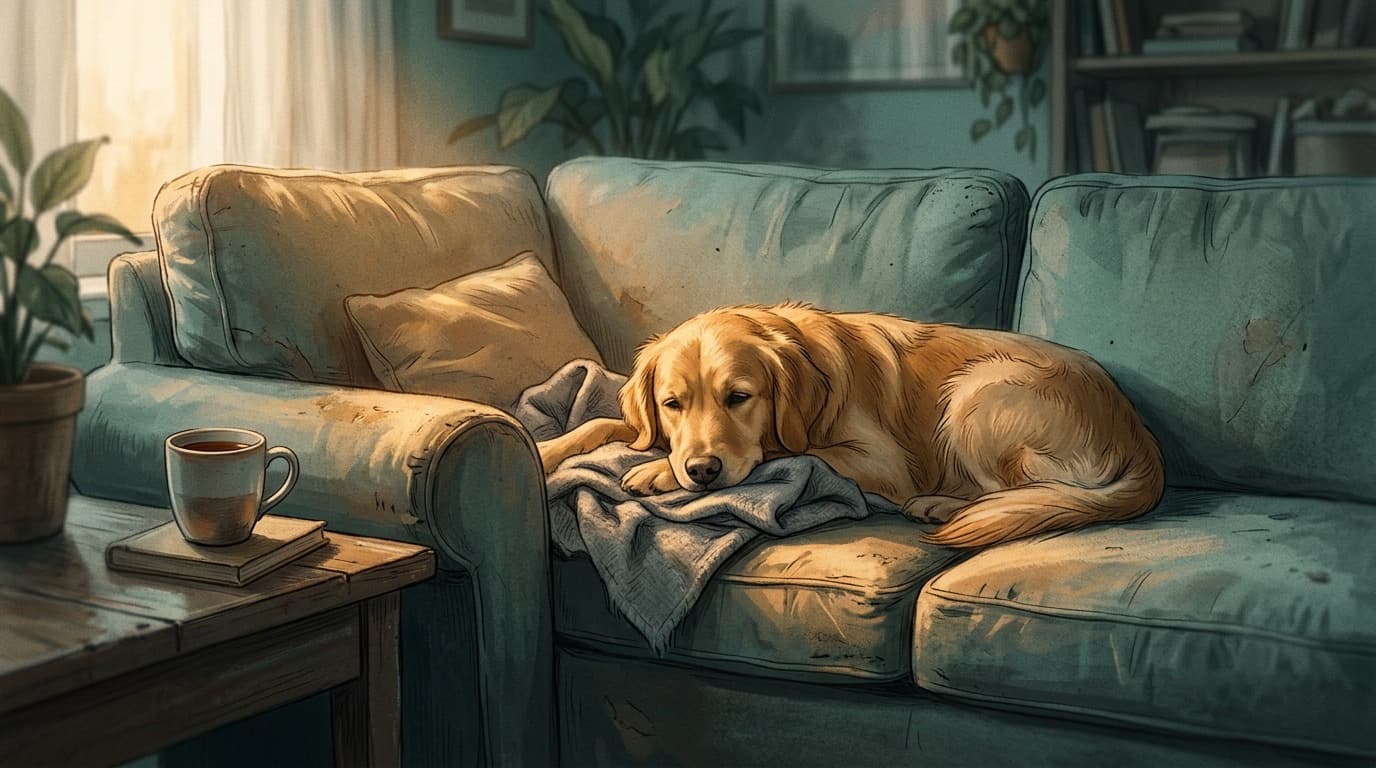 A golden retriever resting its chin on a gray blanket on a worn teal sofa, a mug of tea on the side table, warm window light, no people.