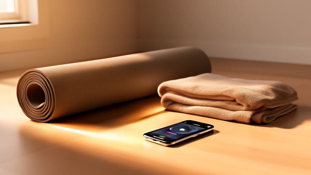 A yoga mat and a rolled towel on a wood floor beside a phone showing a paused workout video, soft morning light, no people visible, no text anywhere.