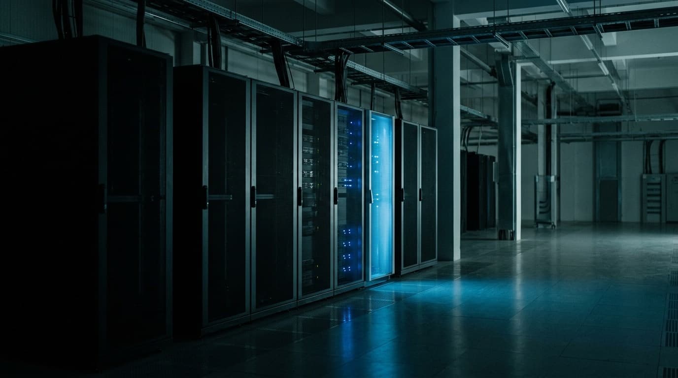 A dim server hall with a row of tall racks, one lit with blue light and the rest dark, no people.