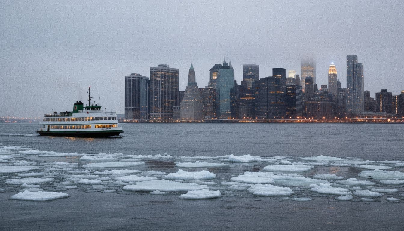 A ferry crosses a gray river with ice floes and the Manhattan skyline in winter fog