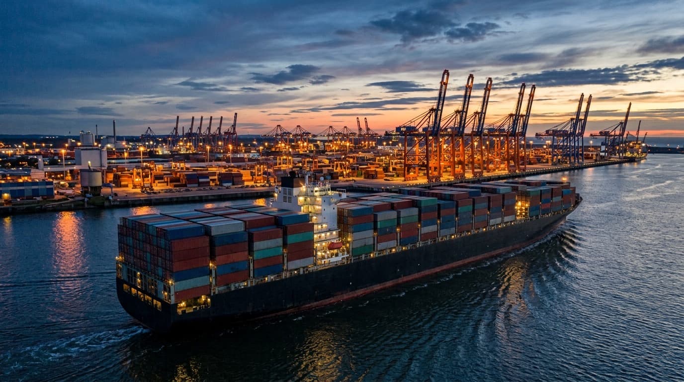A container ship loaded with stacked cargo containers departing a busy port terminal at dusk, cranes in the background, no people or text visible.