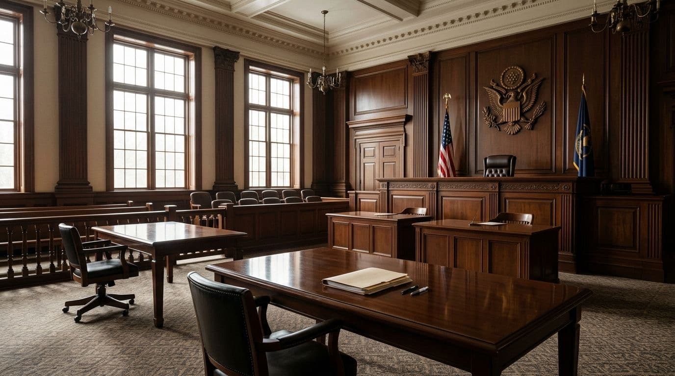 Empty federal courtroom with a wooden judge's bench and a closed folder on a polished table