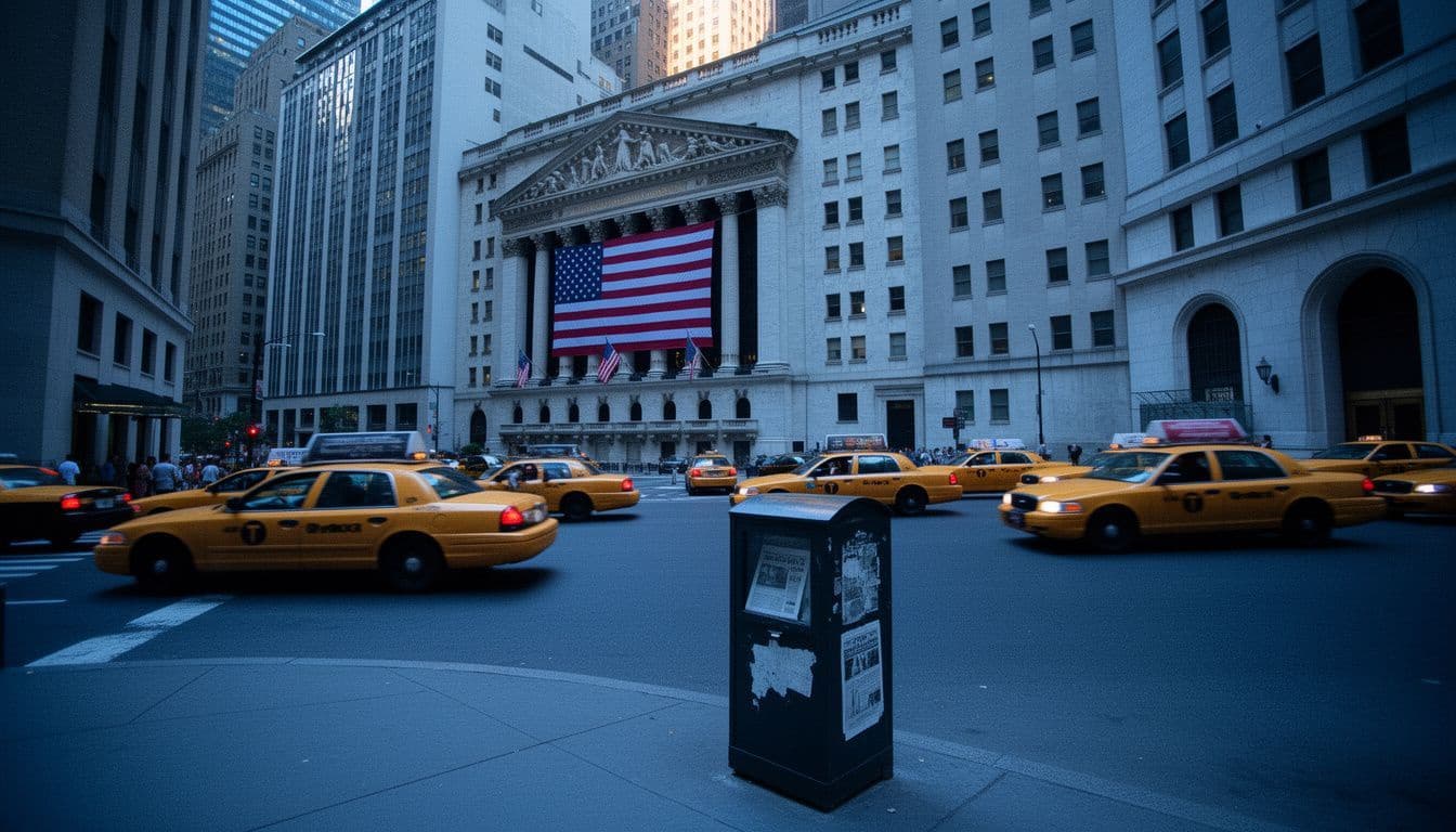 The New York Stock Exchange building with an American flag and yellow taxis on an empty street