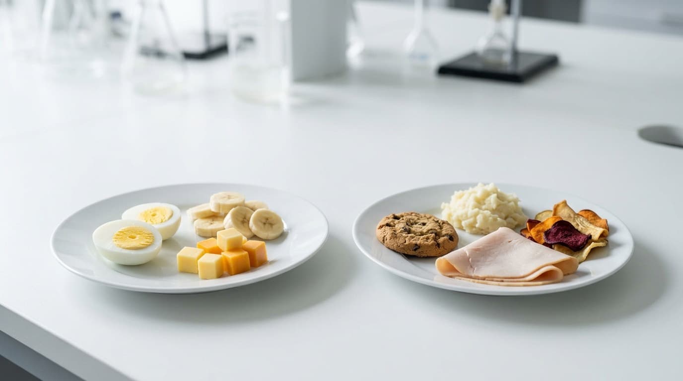 Two white plates on a clean laboratory counter, one holding egg, banana and cheese cubes, the other holding a cookie, mashed potato, deli turkey and veggie chips.