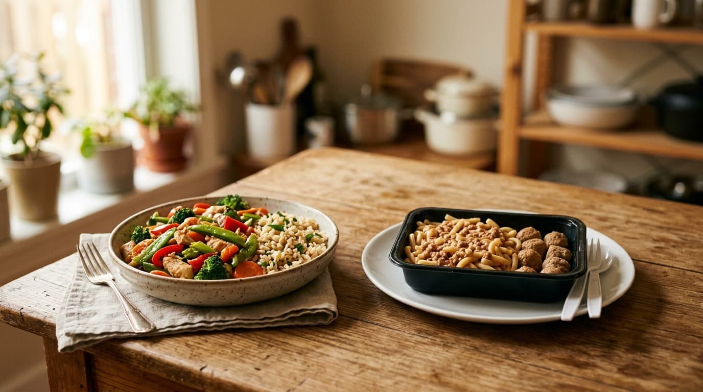 A wooden kitchen table with two visibly different meals side by side, one home-cooked and one packaged, soft natural light, no people, no readable text or labels.