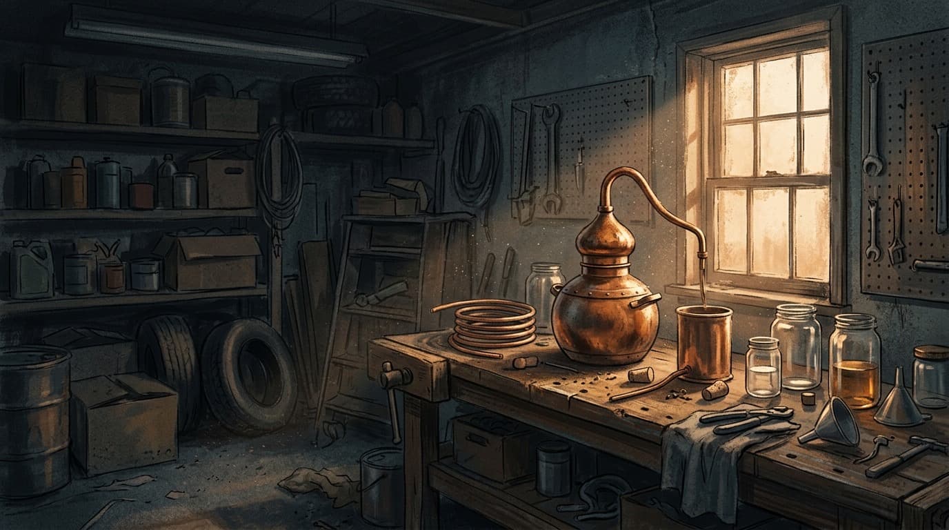 A copper pot still on a wooden workbench inside a dim home garage, with no people and no text.