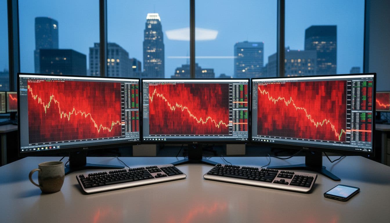 Three monitors showing falling red stock charts in an office above a city skyline at dusk