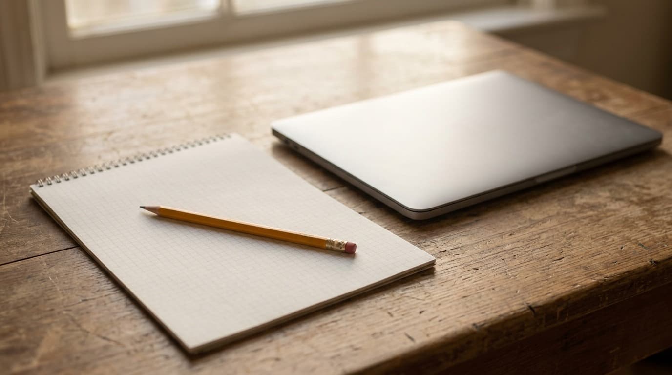 A yellow pencil resting on blank graph paper beside a closed laptop on a worn wooden desk in soft morning light, no people.