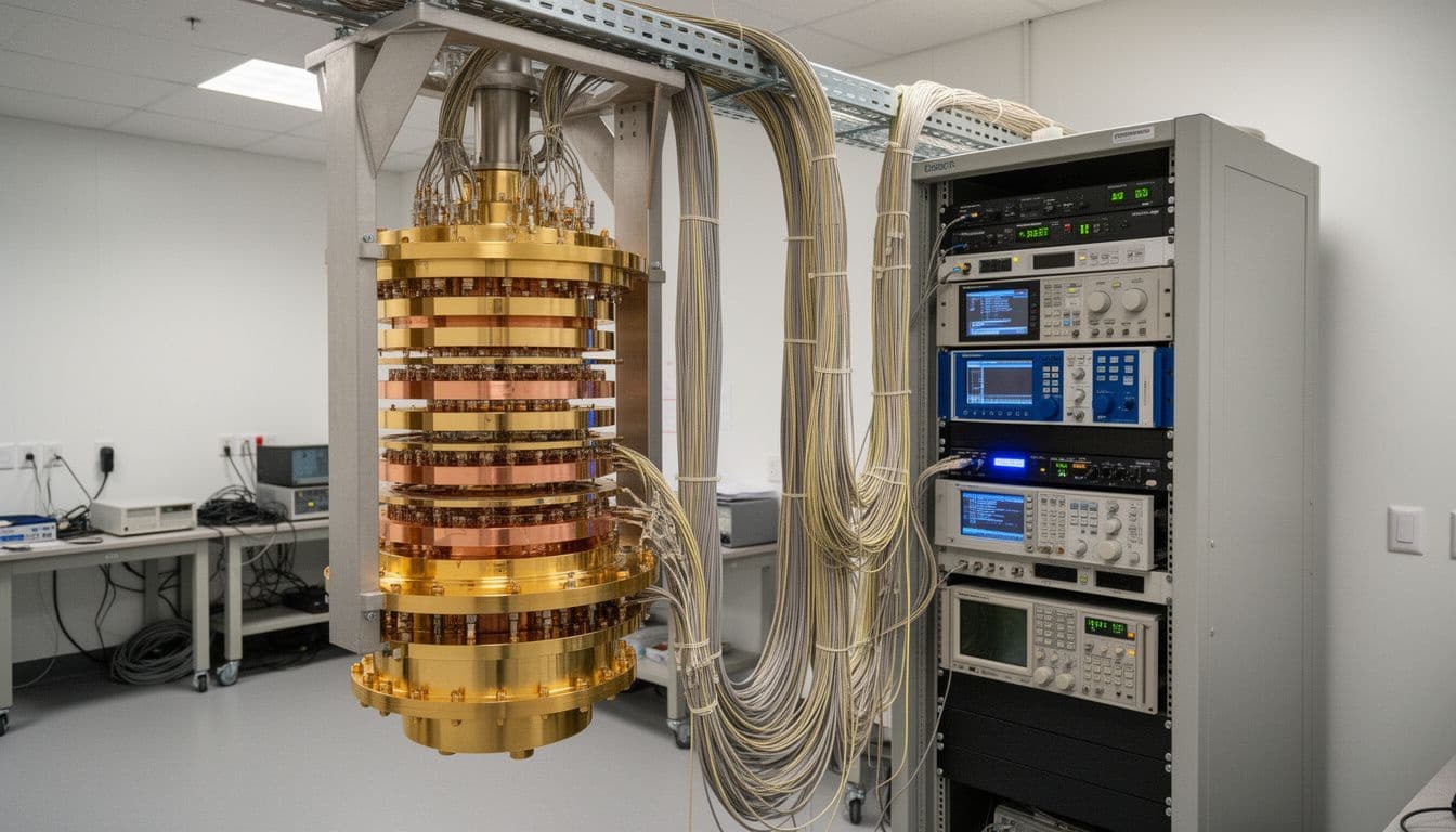 A gold and copper cryogenic cooling rig with bundled cables beside a rack of lab electronics