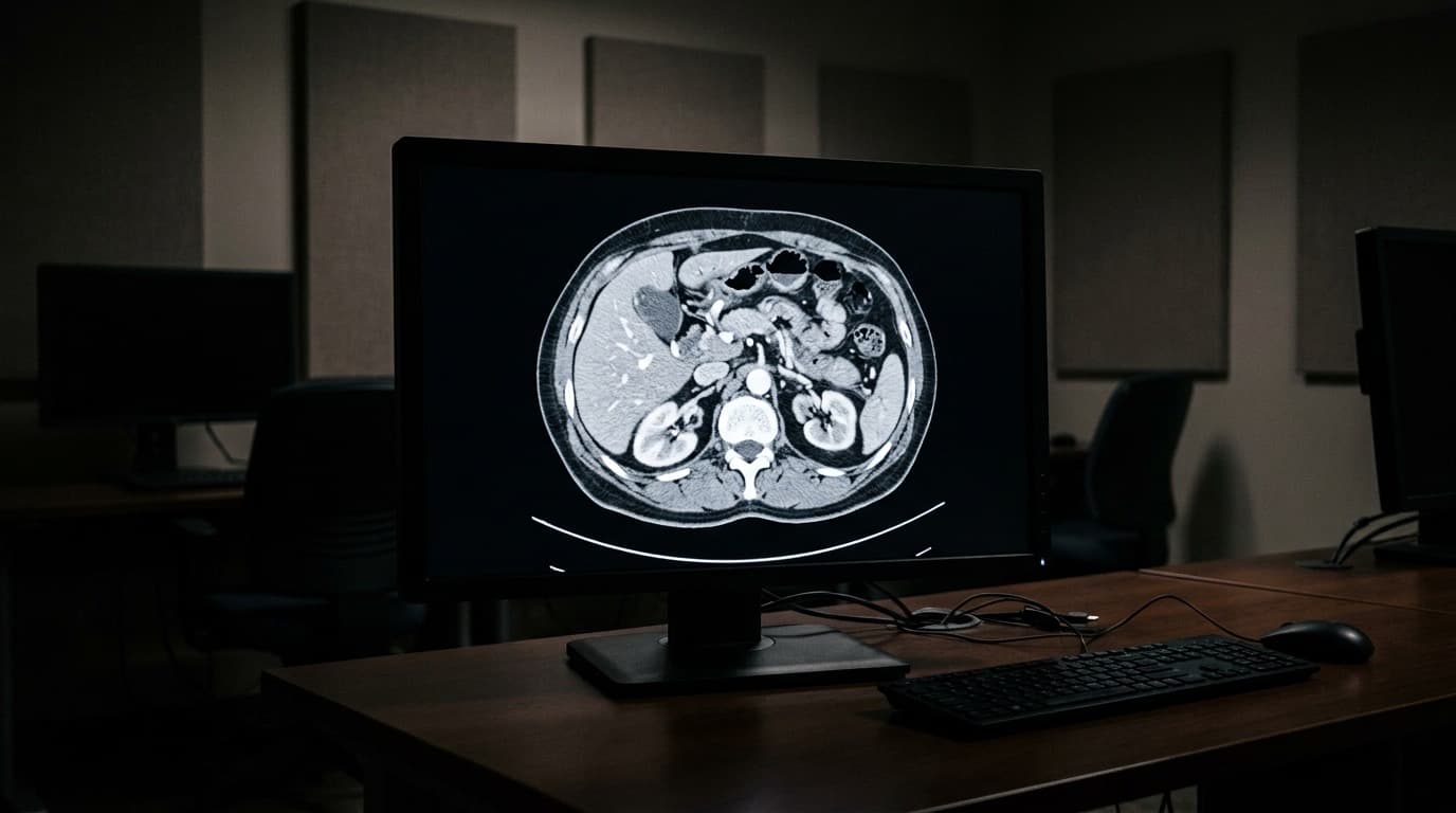 A grayscale abdominal CT scan displayed on a radiology monitor in a dim reading room, no people, no visible text or logos.