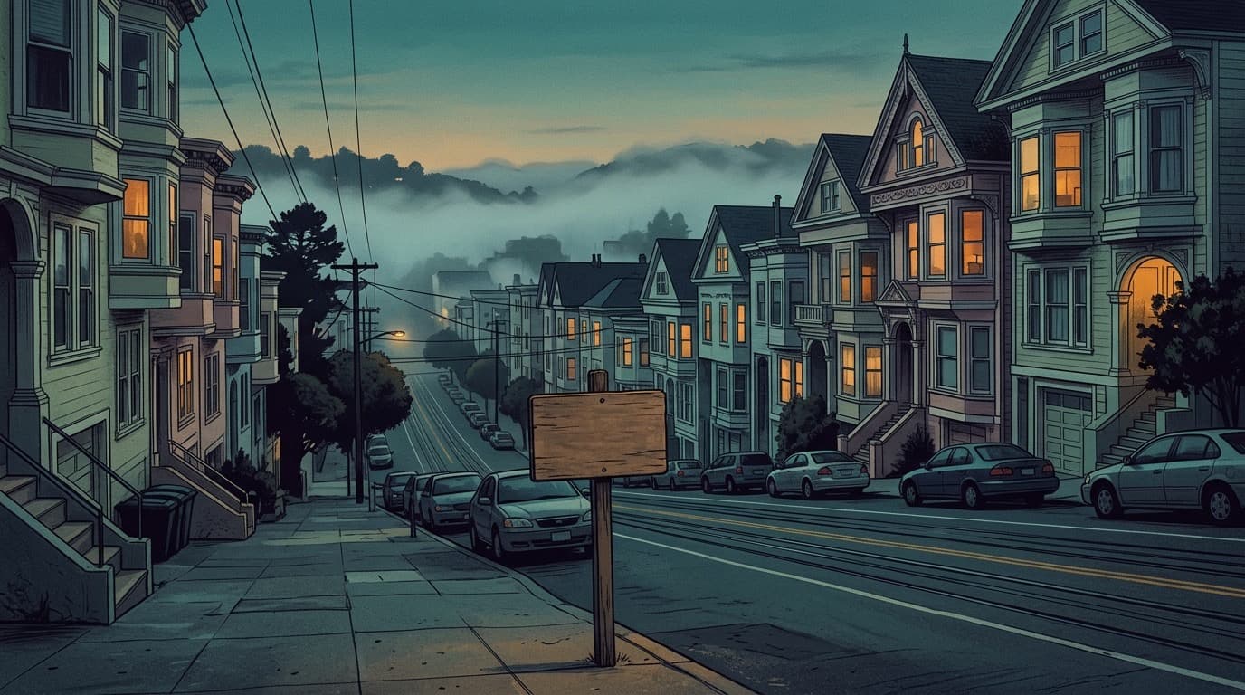 A row of narrow pastel Victorian rowhouses on a steep San Francisco street at dusk, no people.
