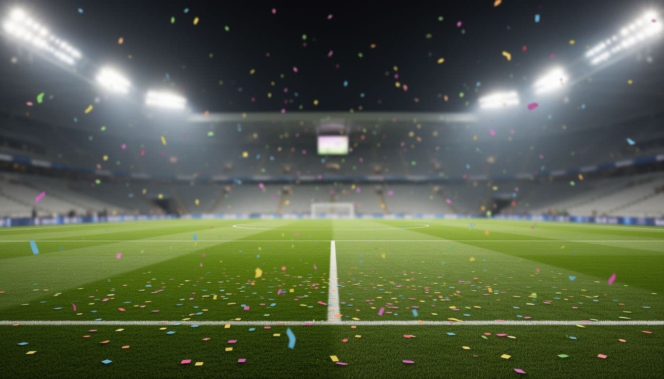 Floodlit soccer stadium with confetti over an empty pitch