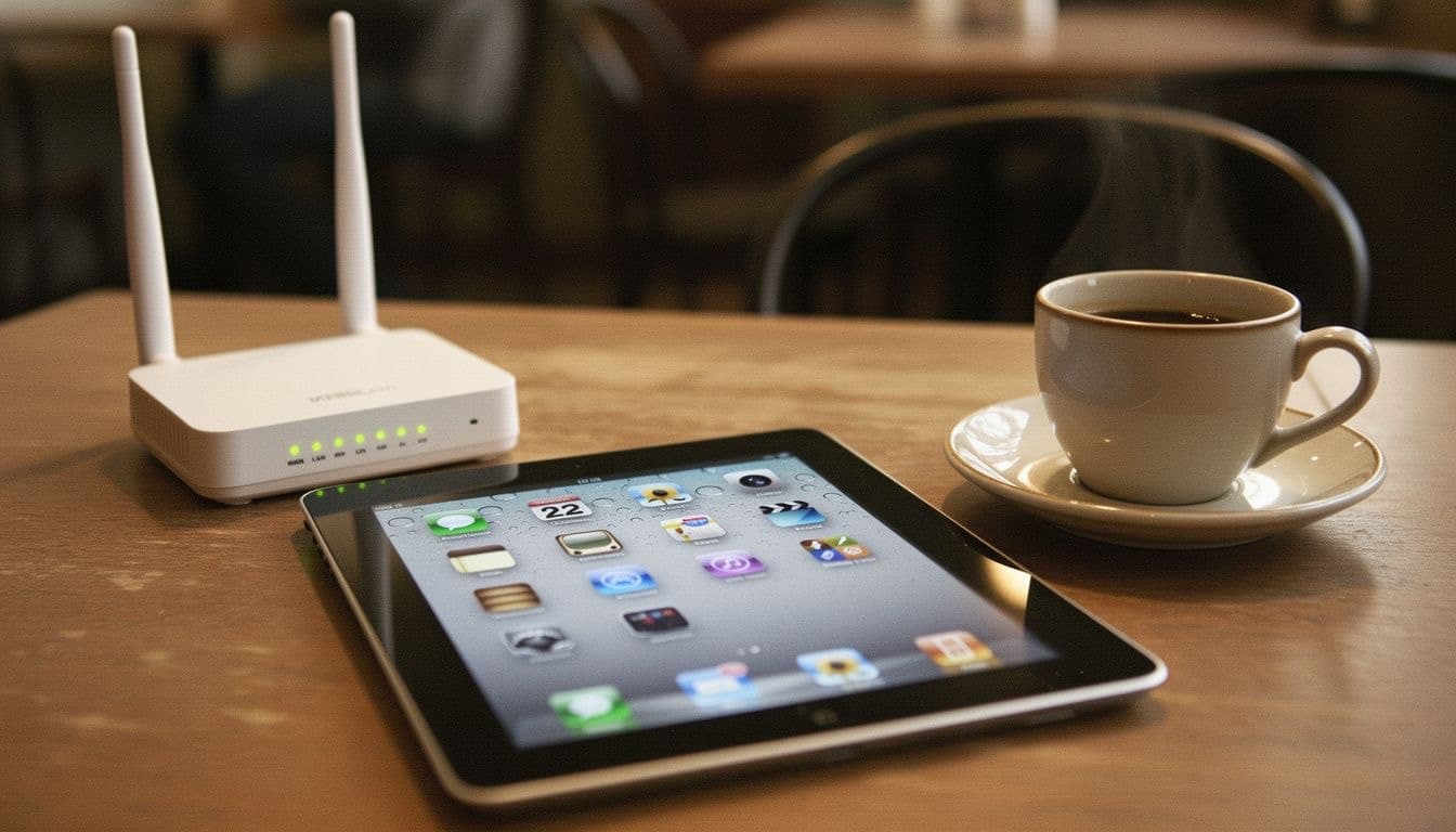 Original iPad on a wooden table beside a coffee cup and a Wi-Fi router
