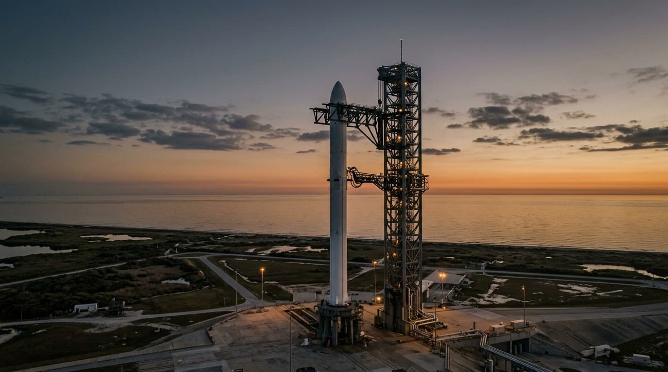A single orbital rocket on a coastal launch pad at dusk beside a steel service tower, no people.